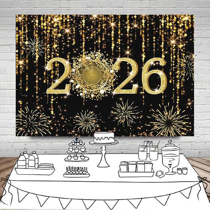 MEHOFOND 7x5 ft Black and Gold 2026 New Year Backdrop Cheers to 2026 Photography Background Hello 2026 Dripping Glitter Dots Fireworks Clock Decor Time to 2026 New Year Eve Cake Smash Photo Props