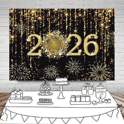 MEHOFOND 7x5 ft Black and Gold 2026 New Year Backdrop Cheers to 2026 Photography Background Hello 2026 Dripping Glitter Dots Fireworks Clock Decor Time to 2026 New Year Eve Cake Smash Photo Props