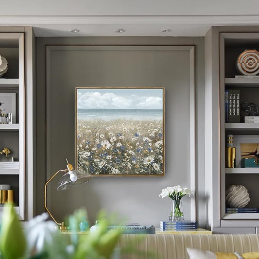 Framed Wall Art for Bedroom Decor Farmhouse Boho Beach Coastal Vintage Floral Ocean Wall Picture Daisy Flowers Sea Canvas Print Nautical Neutral Seascape Artwork for Home Living Room Bedroom Office
