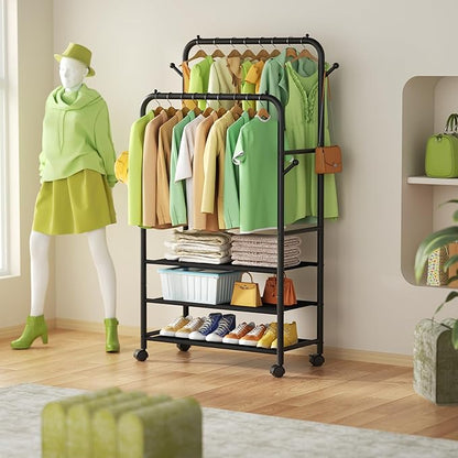 Clothing Racks for Hanging Clothes, Portable Clothing Rack with Wheels Rolling Clothes Racks, Black Garment Racks-3-Tier