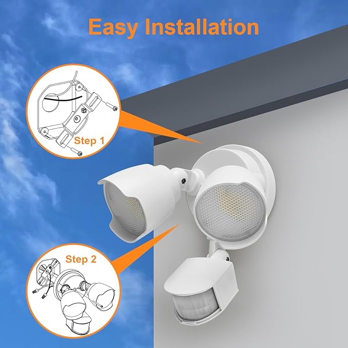 15W 1500 Lumen LED Security Lights with Motion Sensor Outdoor, 3000K/5000K Light, IP65 Waterproof, Dusk to Dawn, Dual-Head Motion Detected Flood Wall Light for Garage Yard Porch (White)