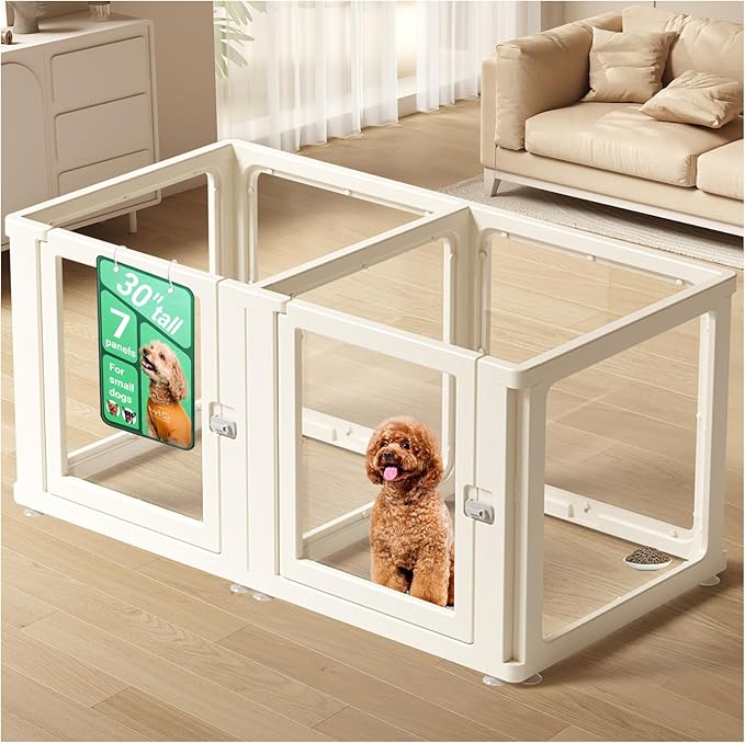 Transparent 7-Panel Dog Playpen, Acrylic Indoor/Outdoor Puppy Pen for Small & Medium Dogs, 30 Inch with Door, White(Fully Transparent 50 * 26 Two Rooms,30 inch)