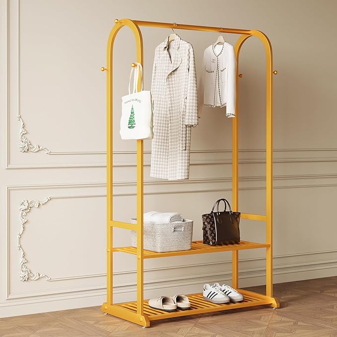 Gold Clothing Rack,Heavy duty clothes rack with 2-tier Bottom Shelves, Garment Rack with 6 Side Hooks for Hanging Clothes, Coats, Shirts (gold, 31.5in)