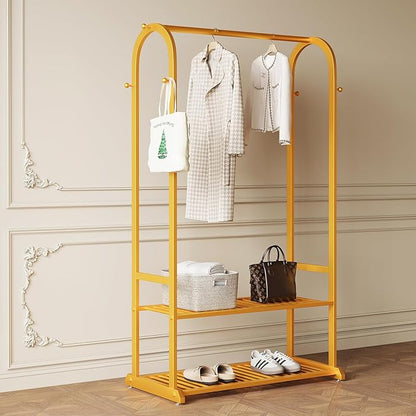 Gold Clothing Rack,Heavy duty clothes rack with 2-tier Bottom Shelves, Garment Rack with 6 Side Hooks for Hanging Clothes, Coats, Shirts (gold, 31.5in)
