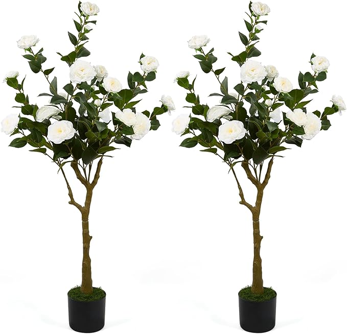47" Artificial Camellia Tree,2 Pack Fake Flower Plants Artificial Tree with Greenery Leave, Faux Plants with White Flowers for Summer Modern Office Outdoor Outside Decor Front Door