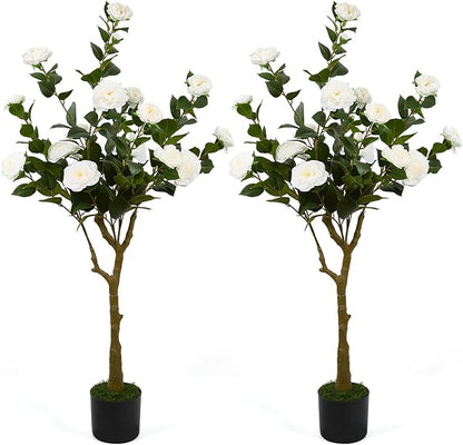 47" Artificial Camellia Tree,2 Pack Fake Flower Plants Artificial Tree with Greenery Leave, Faux Plants with White Flowers for Summer Modern Office Outdoor Outside Decor Front Door