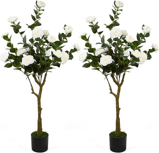 47" Artificial Camellia Tree,2 Pack Fake Flower Plants Artificial Tree with Greenery Leave, Faux Plants with White Flowers for Summer Modern Office Outdoor Outside Decor Front Door