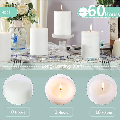 4 Pcs White Orange Vanilla Scented Pillar Candles, 60H Long-Lasting Burn,2.8x4in,Non-Toxic Smokeless,Warm Cozy Aromatherapy for Home Ambience/Relaxation,Ideal Gift for Birthday/Valentine's Day