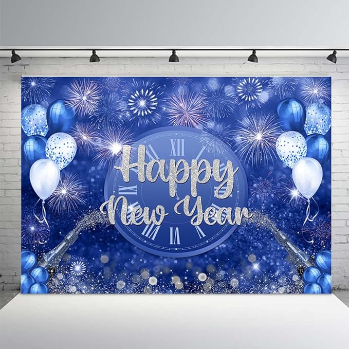 MEHOFOND Happy New Year Backdrop Blue 2026 New Year Eve Party Decorations Banner Supplies Shining Champagne Balloons Firework Photography Background New Years Eve Photo Studio Props 7x5ft
