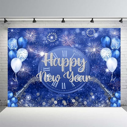 MEHOFOND Happy New Year Backdrop Blue 2026 New Year Eve Party Decorations Banner Supplies Shining Champagne Balloons Firework Photography Background New Years Eve Photo Studio Props 7x5ft