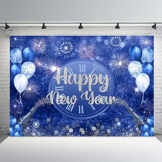MEHOFOND Happy New Year Backdrop Blue 2026 New Year Eve Party Decorations Banner Supplies Shining Champagne Balloons Firework Photography Background New Years Eve Photo Studio Props 7x5ft
