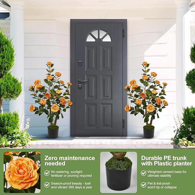 40" Artificial Camellia Tree 2 Pack,Faux Floral Plant Fake Trees with Orange Blooming Flowers,Artificial Plants Greenery Potted Plant for Outdoor Indoor Home Porch Decor