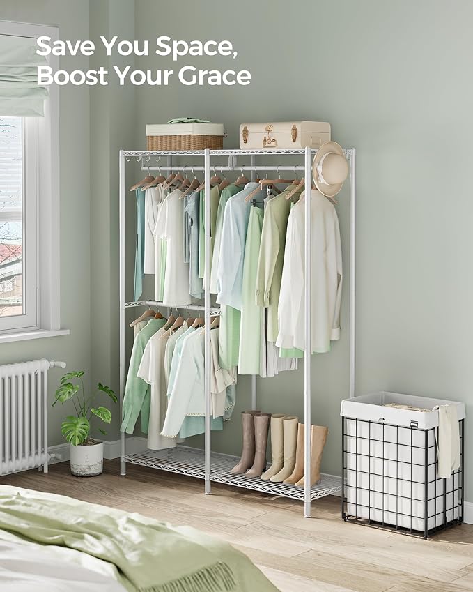 SONGMICS Clothes Rack, Freestanding Wardrobe Closet, Metal Clothing Racks, Heavy-Duty Garment Rack with Adjustable Shelves, Hanging Rods, Dividable, 15.8 x 47.2 x 70.9 Inches, Cloud White ULGR423W01