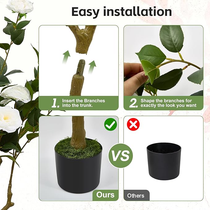 47" Artificial Camellia Tree,2 Pack Fake Flower Plants Artificial Tree with Greenery Leave, Faux Plants with White Flowers for Summer Modern Office Outdoor Outside Decor Front Door