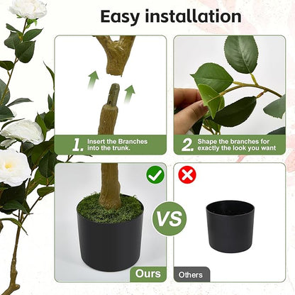 47" Artificial Camellia Tree,2 Pack Fake Flower Plants Artificial Tree with Greenery Leave, Faux Plants with White Flowers for Summer Modern Office Outdoor Outside Decor Front Door