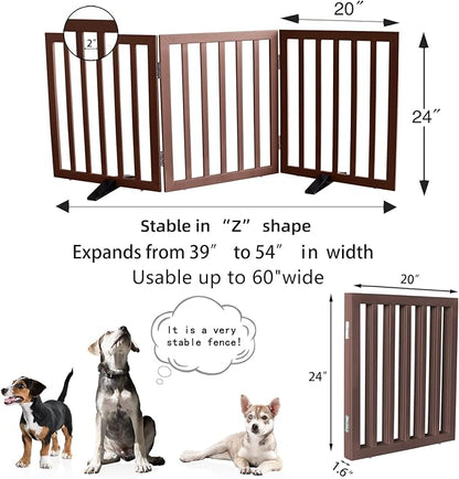 Dog Gate Indoor, Freestanding Dog Fence for The House, Doorways, Hallways,or Stairs,Pet Gate Foldable Wooden,Expandable 24" Height 3 Panels,Brown