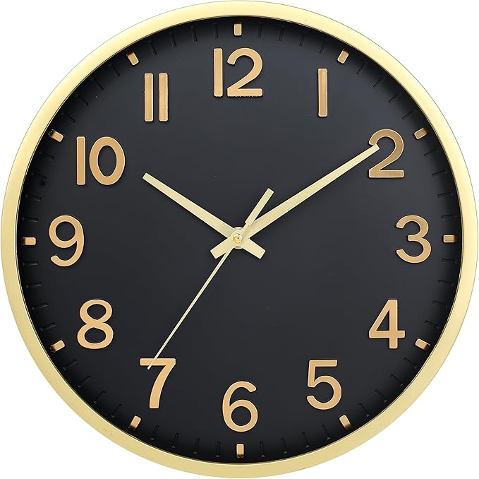Wall Clocks Battery Operated 10 inch Modern Wall Clock,Silent Non Ticking Wall Clock for Living Room Bedroom Kitchen Office Classroom Decor (Black Gold)
