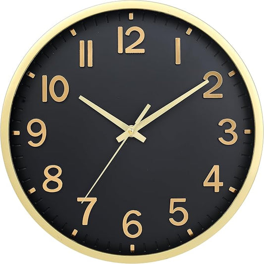Wall Clocks Battery Operated 10 inch Modern Wall Clock,Silent Non Ticking Wall Clock for Living Room Bedroom Kitchen Office Classroom Decor (Black Gold)