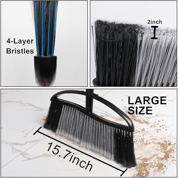 15.7" Wide Angle Heavy Duty Broom, All-Surface Outdoor Sweeper with Long Handle & Stiff Bristles for Patio, Garage, Yard (Black)