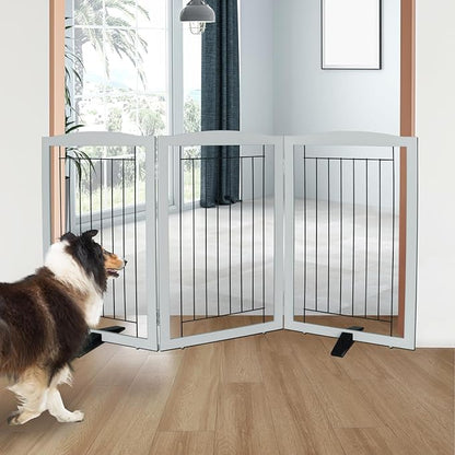 ZJSF Freestanding Dog Fence Indoor, Foldable Dog Gate for Doorways, Stairs or Hallways, Sturdy Wood Extra Wide Pet Gate with Support Feet for The House, Grey, 32 "Height-3 Panels