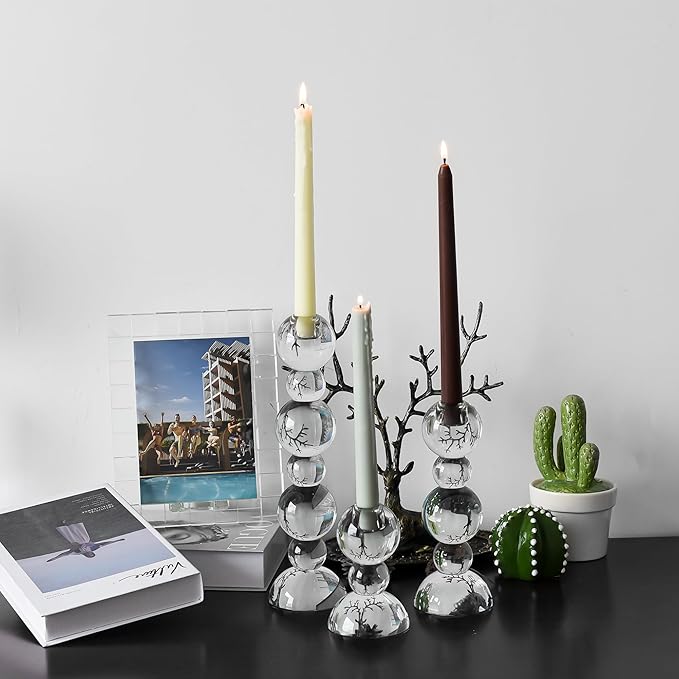 Kitcom Crystal Taper Candle Holders Bubble Designed Hand Cut Crystal Candlestick Holders Wedding Banquet Decorations Pack of 3, Comes with Gift Box