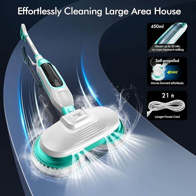 Scrubbing Steam Mop with Rotating Mop Pads, All-in-One Hard Floor Cleaner with LED Headlights, Steam & Spin Control, 6 Soft Scrub Pads, Swivel Steering, FS07