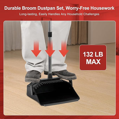 3-Pack Broom with Dustpan Combo Set, Commercial Broom and Dustpan Set, Dust Pan with Long Handle, 51'' Large Brooms with Self-Cleaning Dust Pan Teeth for Restaurant Lobby Garage - Black