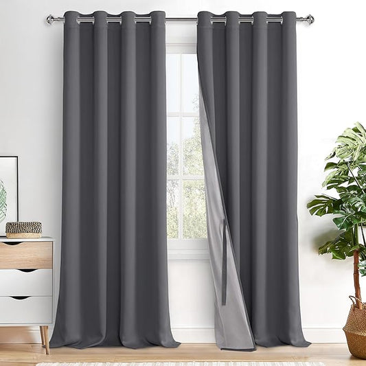 XWZO 100% Blackout Curtains 95 Inches Long with Tiebacks- Privacy Protection & Noise Blocking Window Draperies Grommet Top with Black Liner for Bedroom/Living Room, Dark Grey, W52 x L95, Set of 2