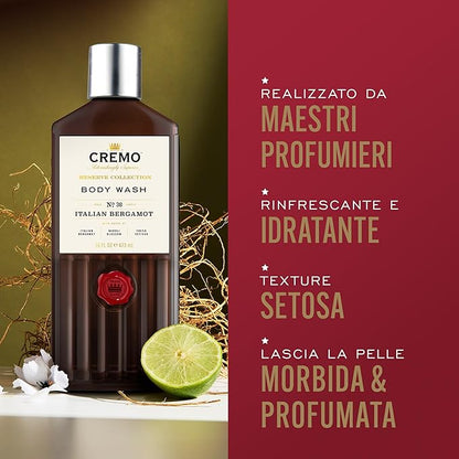 Cremo Body Wash Men, Notes of Italian Bergamot, Neroli Blossom, and Fresh Vetiver, Rich-Lathering Italian Bergamot, 16 Fl Oz