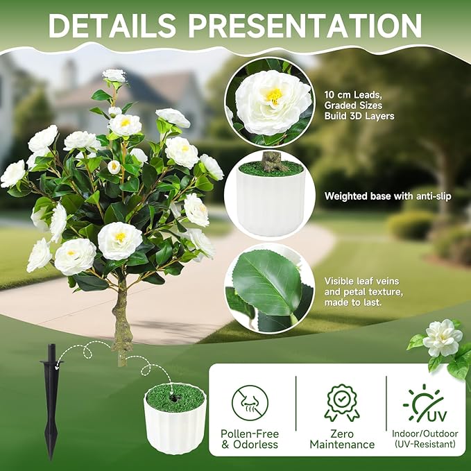32'' Artificial Camellia Tree Outdoor Set of 2 Realistic Camellia Plant Indoor with Planters and Spikes for Wedding Front Porch Patio Office Living Room Home Decor