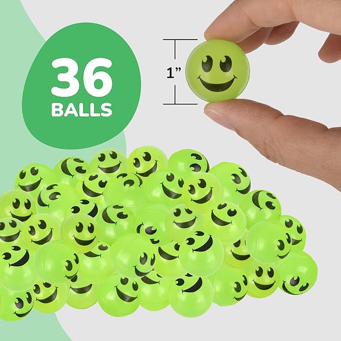 ArtCreativity 36 PCS Glow in The Dark Smile Face Green Bouncy Balls - Bulk Pack of 36, 1 Inch High Bounce Balls for Kids, Christmas Party Favors, Goodie Bag Stuffers for Boys and Girls
