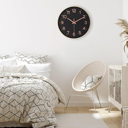 MEIRED Wall Clock 12 Inch Silent Non Ticking Battery Operated Round Wall Clock Modern Simple Style Decor Clock for Home/Office/School/Kitchen/Bedroom/Living Room, Black and Gold