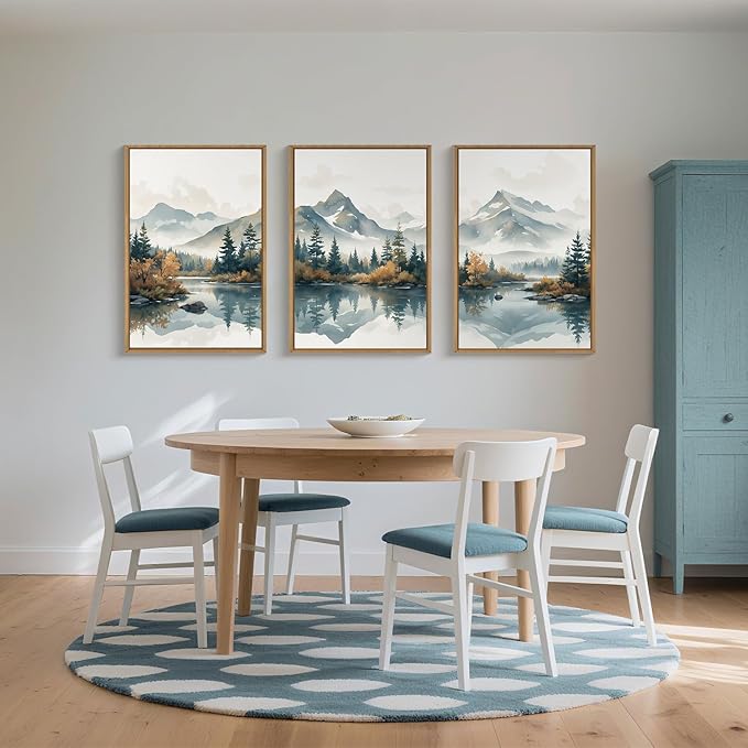 HLNIUC White Foggy Forest Mountain Wall Art Framed,Large Misty Watercolor Pine Tree Wall Decor set of 3 (16"x24"), Nature Lake Landscape Canvas Painting for Living Room, Bedroom, Office