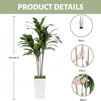 Artificial Dracaena Tree 5FT with White Tall Planter - Artificial Plants Indoor,Faux Yucca Tall Fake Floor Plant in Pot for Home Office Living Room Decor Indoor
