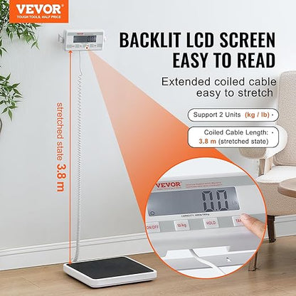 VEVOR Portable Medical Scale, Professional Digital Physician Scale for Weighing - with Anti-Slip Mat, 2 Units (kg/lb), Hold & Tare Function, 400LBS Capacity Physician Wight Scale for Gym Home Hospital