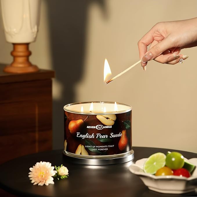 4EVER Scented Candles | 4-Wick 18oz Soy Wax Candle | Up to 50Hrs Clean Burn | Aromatherapy Candles for Home Scented | Gifts for Women & Mom, English Pear Suede