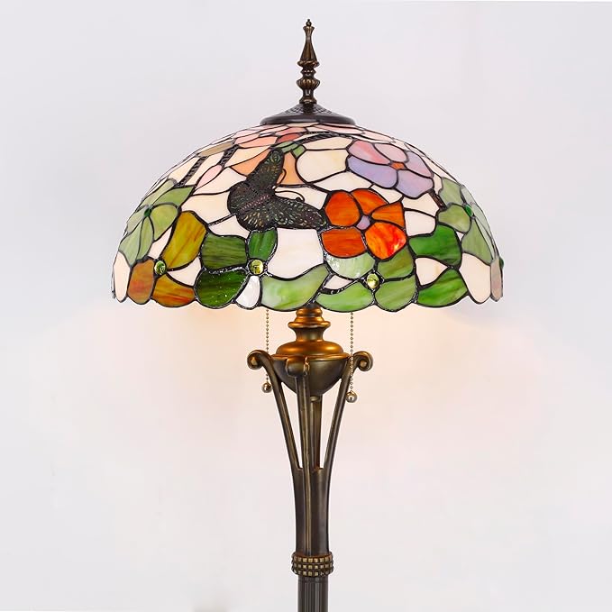 Tiffany Floor Lamp Butterfly Flower Stained Glass Standing Reading Light 16X16X70 Inches Antique Pole Corner Lamp Decor Bedroom Office Living Room