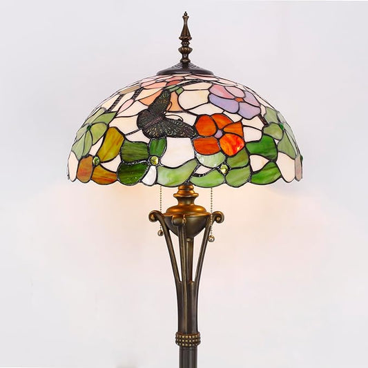 Tiffany Floor Lamp Butterfly Flower Stained Glass Standing Reading Light 16X16X70 Inches Antique Pole Corner Lamp Decor Bedroom Office Living Room
