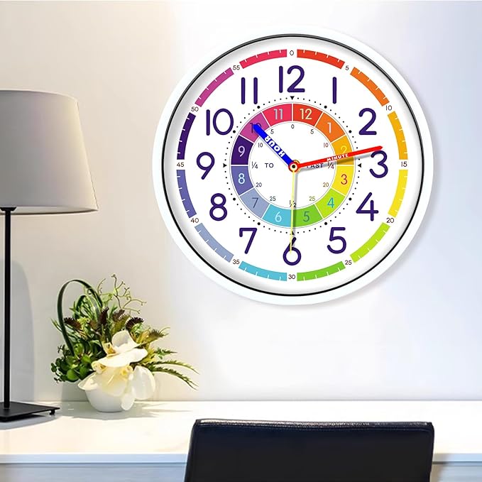 Time Teaching Clock 12 Inch Silent Wall Clock for Kids Learning Time, Silent Non-Ticking Quartz Decorative Wall Clock for Teacher's Classrooms Or Children's Bedrooms
