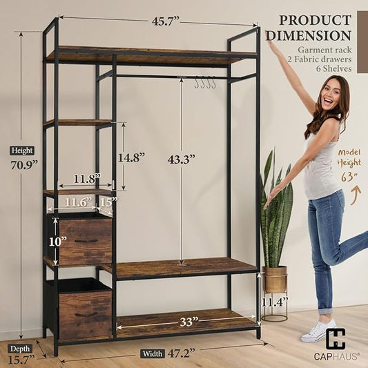CAPHAUS 979lbs Capacity Garment Rack for Hanging Clothes, Heavy Duty Open Wardrobe w/Hanging Rods & Fabric Drawers, Free Standing Closet Organizer, Metal Closet Rack w/Rustic Oak Wooden Shelves