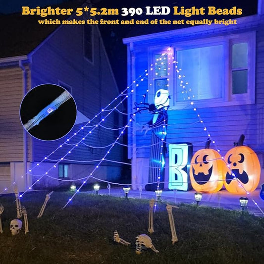 390 LED Halloween Spider Web Lights Decor, 5m Giant Net Lights with 26m Light Chain & Remote Control (8 Light Modes & Timer), Decoration for Garden Indoor Outdoor - Blue