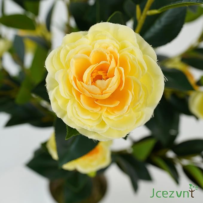 2 Pack Artificial Camellia Tree with White Pot, 38" Faux Potted Plants for Indoor Outdoor Decor, Tall Silk Greenery Plant for Home Office Living Room Balcony, Yellow