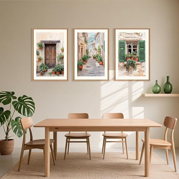 Large Vintage Italy Cityscape Framed Canvas Wall Art,Minimalist Europe Street Art Prints,Natural Green Window Wall Decor,Modern Country Landscape Artwork for Living Room,Dining Room -24"x36"x3