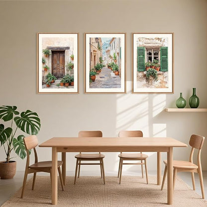 Large Vintage Italy Cityscape Framed Canvas Wall Art,Minimalist Europe Street Art Prints,Natural Green Window Wall Decor,Modern Country Landscape Artwork for Living Room,Dining Room -24"x36"x3