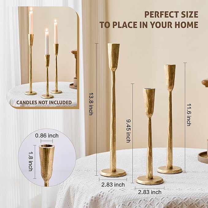 Cast Iron Taper Candle Holder Set of 3, Vintage Candlestick Holders Decorative Candle Stand, Tapered Candle Holders Tall Set for Wedding, Holiday, Home Decor, Christmas Decoration (Gold)