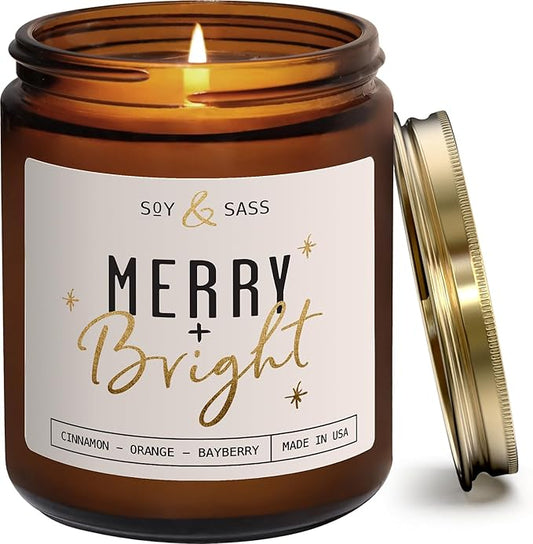 Christmas Candles Scented – ‘Merry & Bright’ Soy Christmas Candle, w/Cranberries, Cinnamon & Orange - Infused with Essential Oils I Holiday Candles I 9oz, 50Hr, Made in USA
