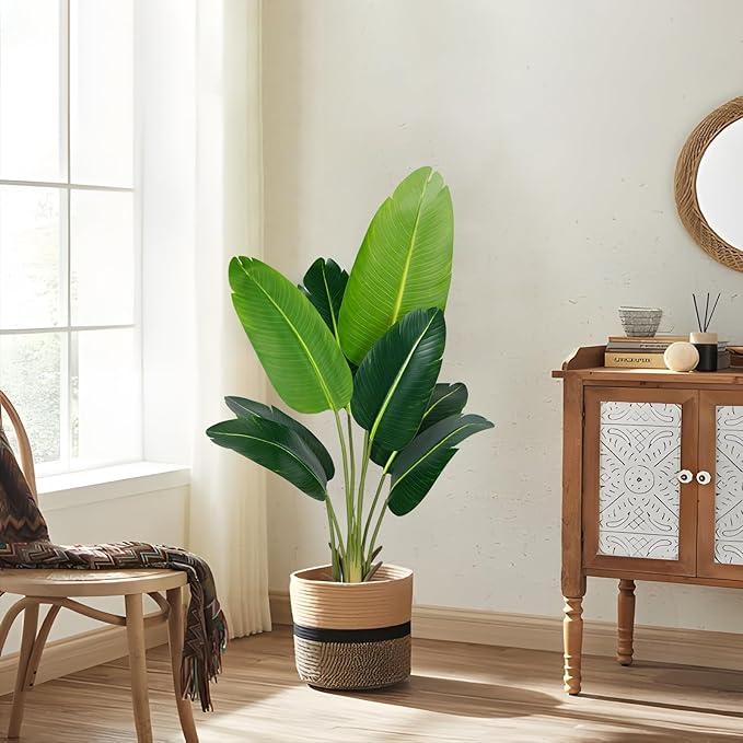 Artificial Bird of Paradise Plant 4Ft Fake Tropical Palm Tree with 8Trunks Faux Banana Leaf Trees in Pot for Home Indoor Outdoor Office Modern Decor Housewarming Gift（2Pcs）