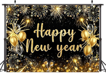 AIIKES 82.6x59 Inches Happy New Year Backdrop Gold Fireworks New Year Party Decoration XY238