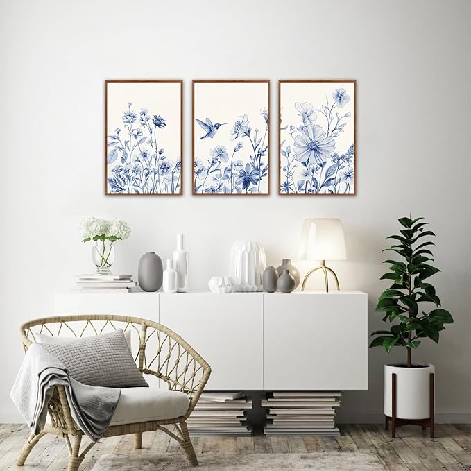 HLNIUC Bule Flower Bird Wall Art Set,Watercolor White&Blue Wildflower Poster,Farmhouse Vintage Blue Bird Blossoms Canvas Painting,Botanical Floral Canvas Art Print for Living Room Bedroom-16 x24 x3