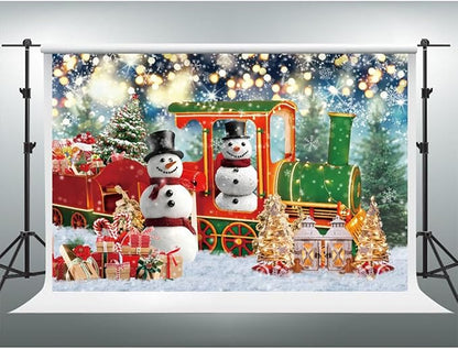YongFoto Merry Christmas Backdrop 6x4ft Snow Scene Train Snowman Christmas Tree Gift Photography Background Happy New Year Xmas Eve Family Party Banner Room Decor Photoshoot Wallpaper Photo Booth